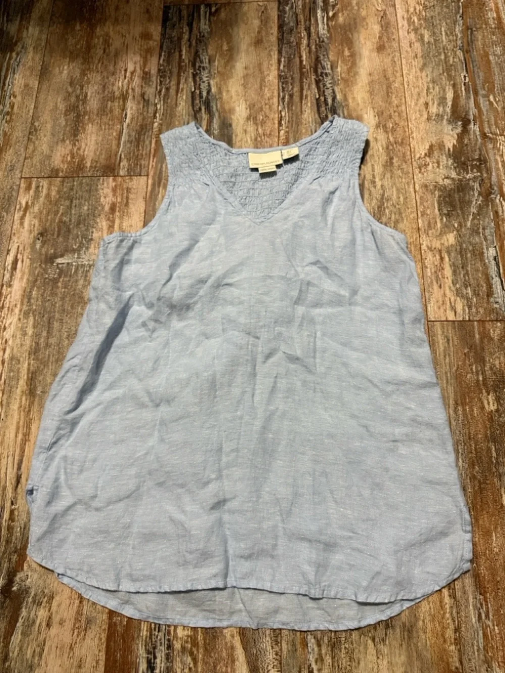 Cynthia Rowley Light Blue Smocked Shoulder V-Neck linen tank
